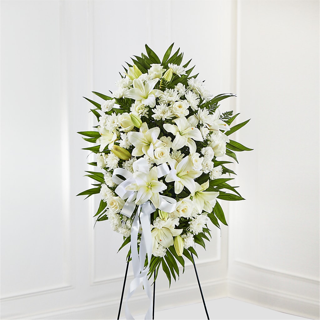 Exquisite Tribute Standing Spray-White Ribbon – Albertsons, Pleasanton CA