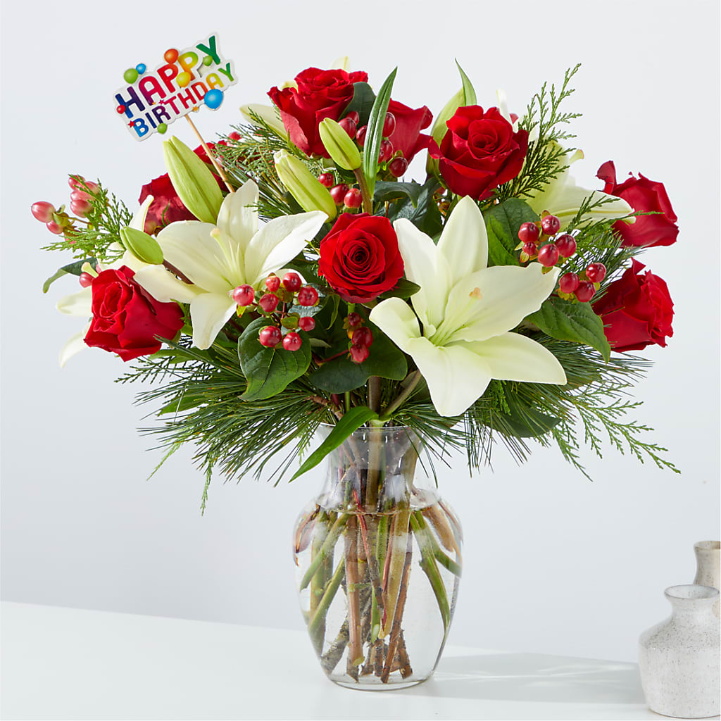 Evergreen Delight Bouquet & Happy Birthday Topper – Albertsons, Pleasanton CA