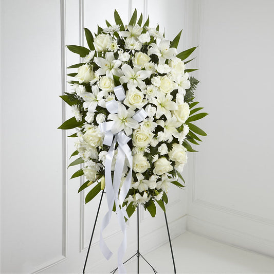 Exquisite Tribute Standing Spray-White Ribbon –  Albertsons, Pleasanton CA
